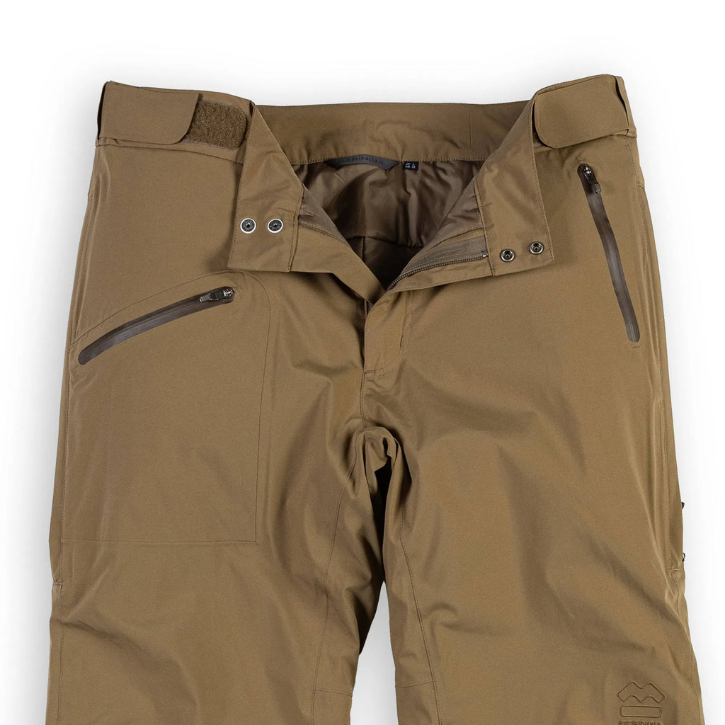 Men's Ezo Insulated Pant in Khaki, front view close up of the waist and snaps
