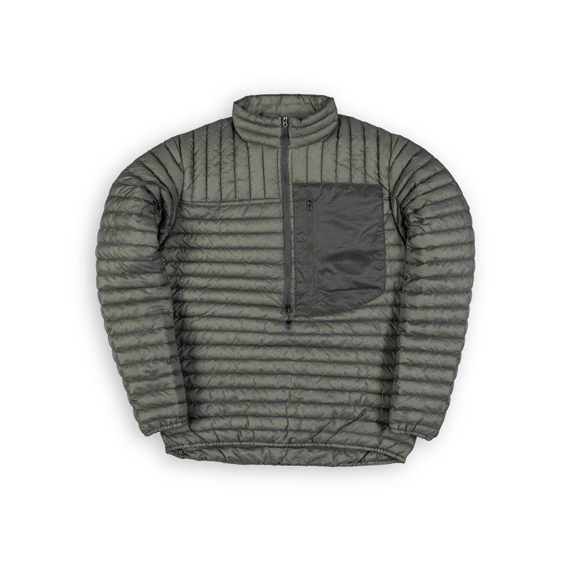 Beringia Luft Jacket. Ultralight Down pullover in gray - moving gif showing packing the jacket into its own pocket. 