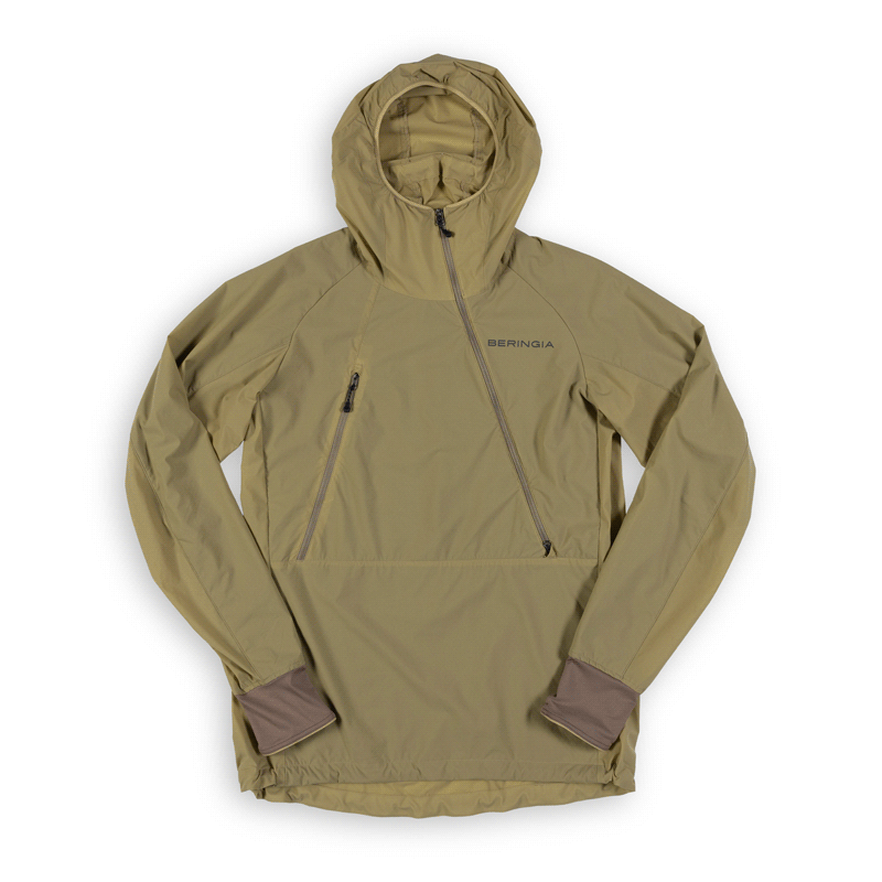Beringia Octa Anorak in Khaki. GIF showing the packing of the garment into its own pocket. 