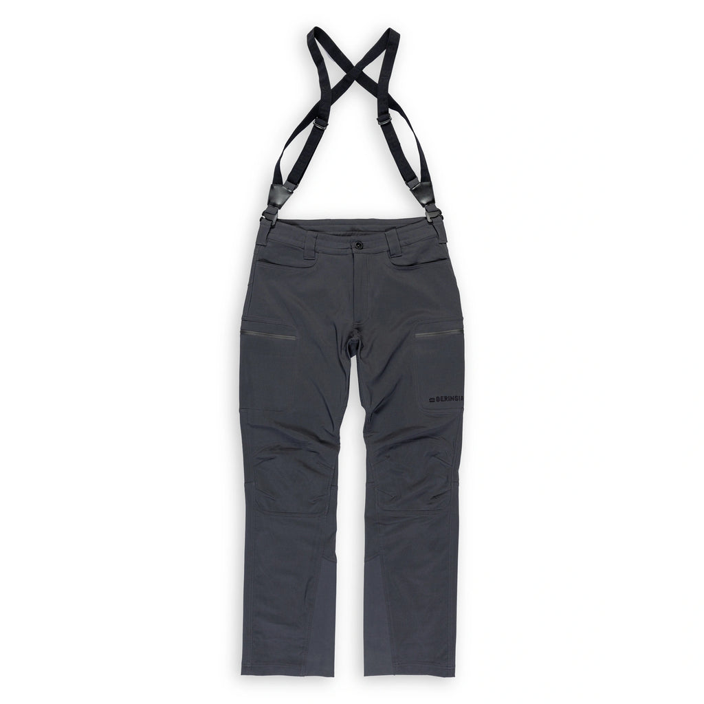 Beringia Denizen Softshell pant - front view with suspenders - Dark Gray