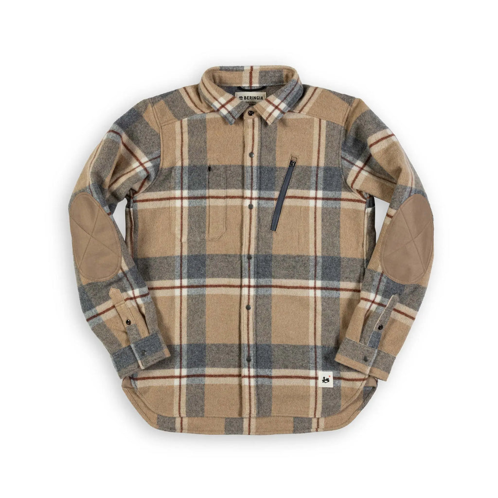 Beringia Farallon Wool Shirt - Gray and Beige Plaid  elbow pathches showing