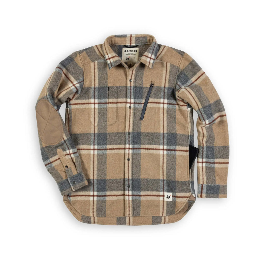 Beringia Farallon Wool Shirt - Gray and Beige Plaid phone in hand pocket