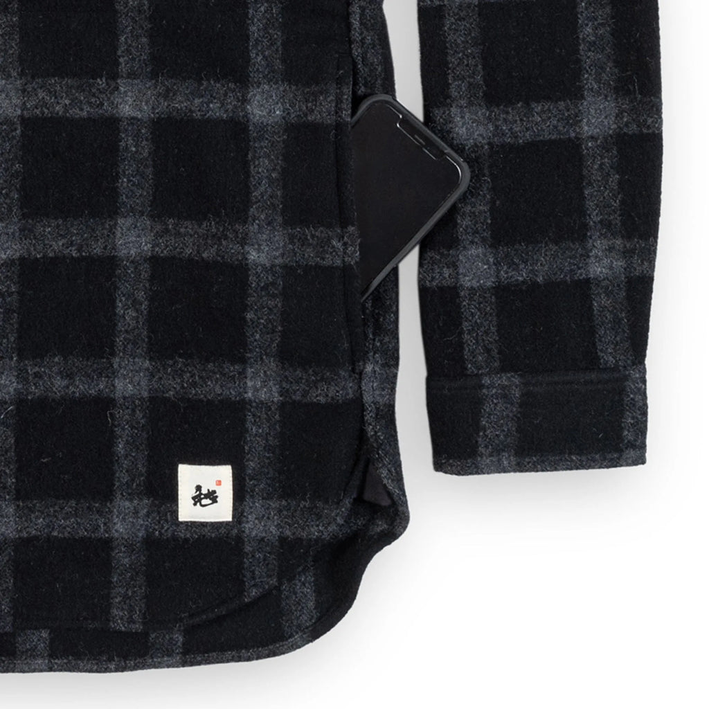 Beringia Farallon Shirt - Black Plaid close up of pocket