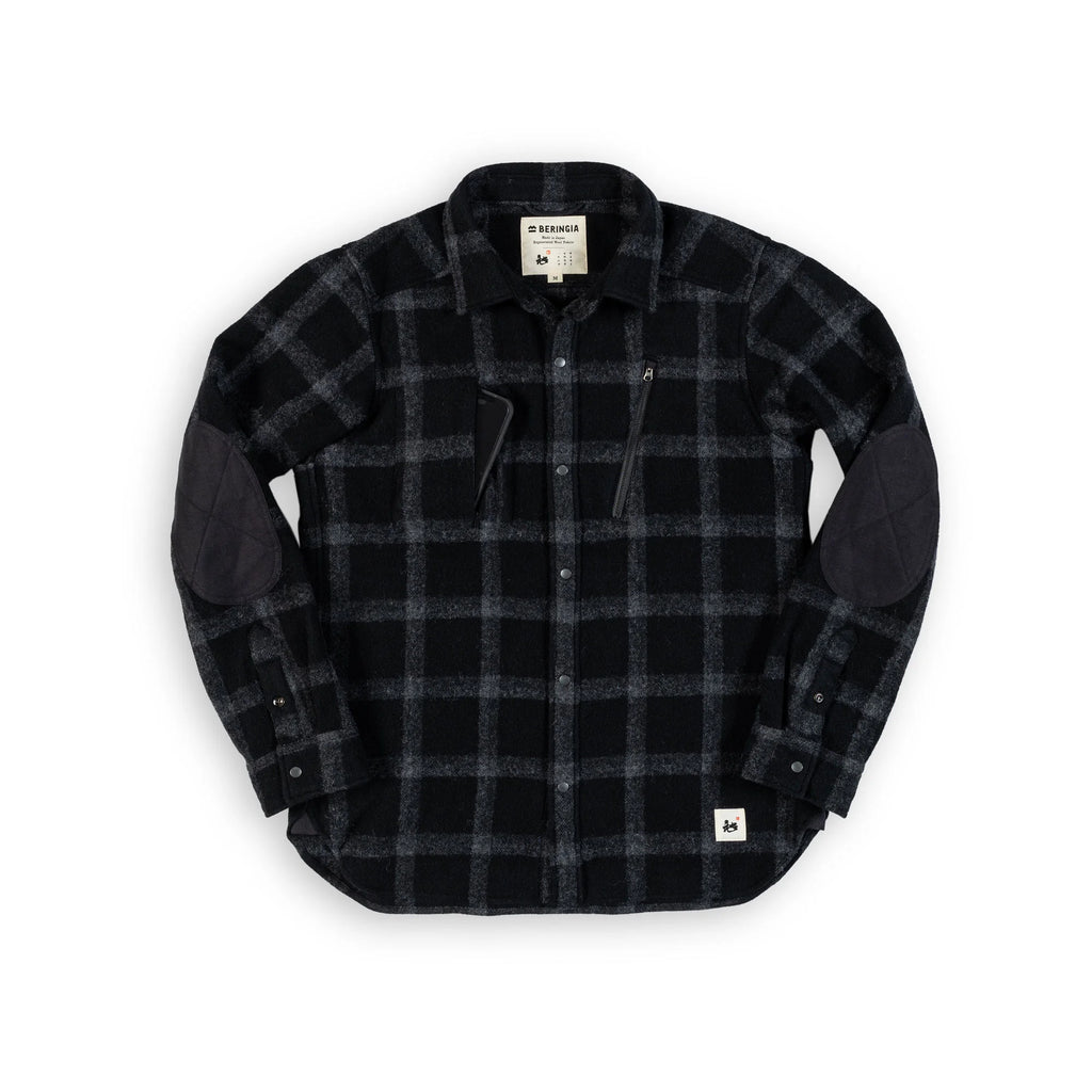 Beringia Farallon Shirt - Black Plaid front view with phone in chest pocket 