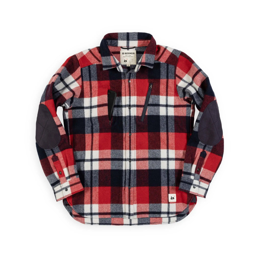 Beringia Farallon Wool Shirt - Red and Blue Plaid fron view with elbow patches showing and phone in chest pocket