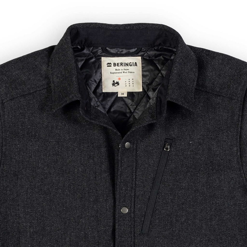 Beringia Insulated Farallon Wool Shirt. Made in Japan. Dark Charcoal - front collar crop