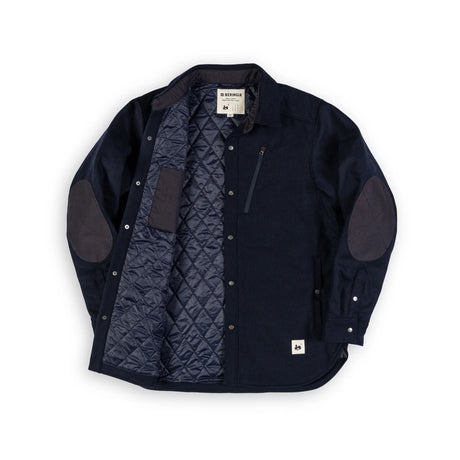 Beringia Insulated Farallon Wool Shirt. Made in Japan. Dark Navy - front view half open