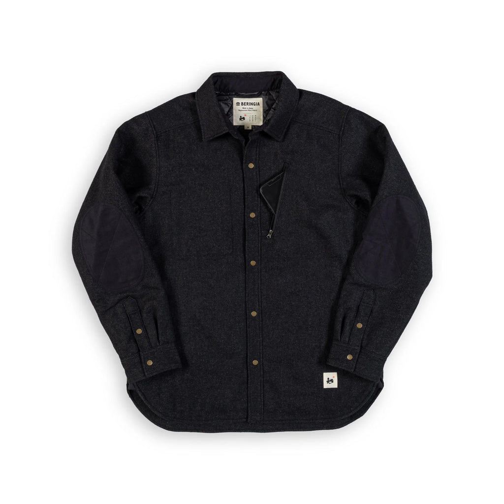 Beringia Insulated Farallon Wool Shirt. Made in Japan. Dark Charcoal - front view, phone in pocket