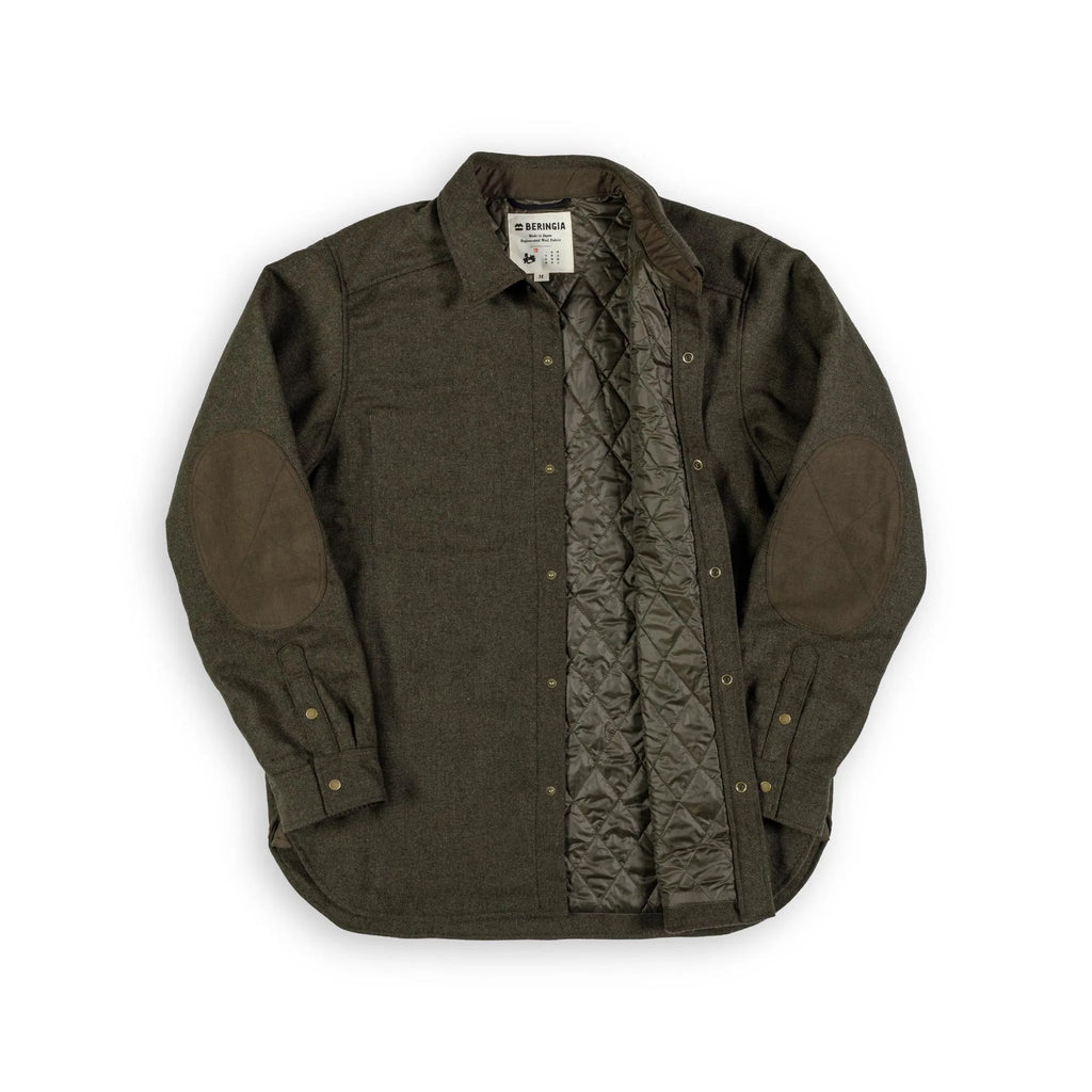 Beringia Insulated Farallon Wool Shirt. Made in Japan. Dark Green - front view, half open