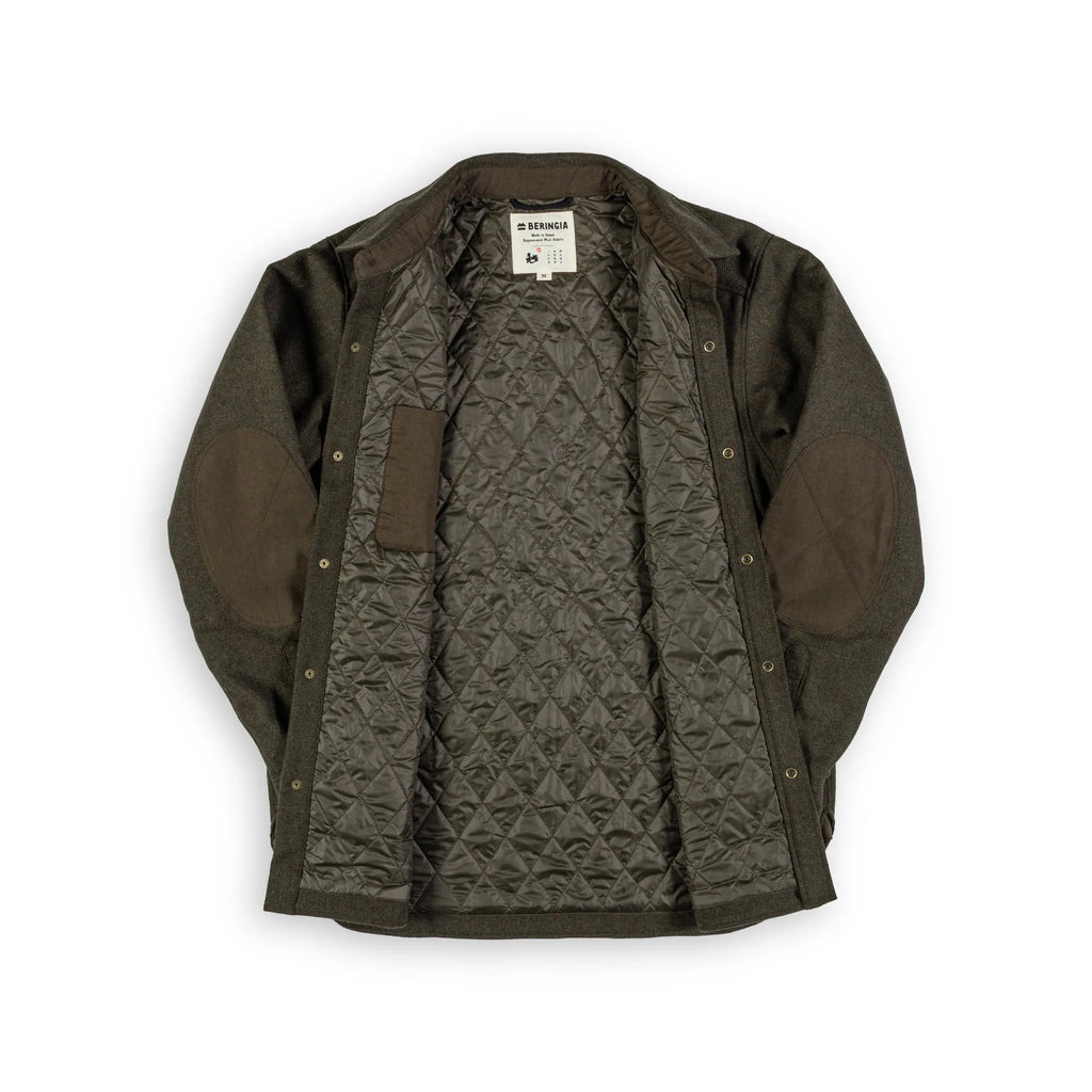 Beringia Insulated Farallon Wool Shirt. Made in Japan. Dark Green - front view, open