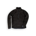 A dark grat textured quarter-zip fleece pullover jacket with a stand collar, laid flat on a white background.