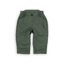 A pair of olive green outdoor short pants with an elastic waistband, side pockets, and zippered side details, shown flat on a white background.