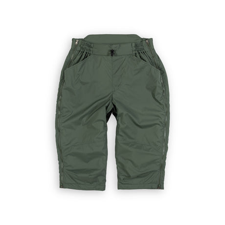 A pair of olive green outdoor short pants with an elastic waistband, side pockets, and zippered side details, shown flat on a white background.