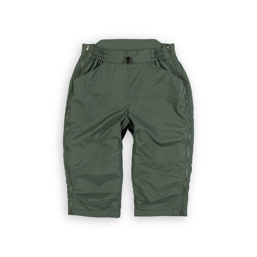 A pair of olive green outdoor short pants with an elastic waistband, side pockets, and zippered side details, shown flat on a white background.